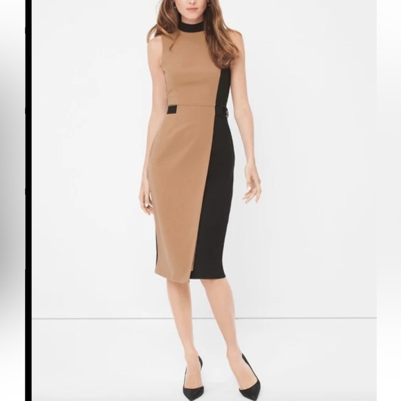 🆕 White House Black Market mock neck Tan and Black Asymmetrical Dress sz 14 NWT - Picture 1 of 12